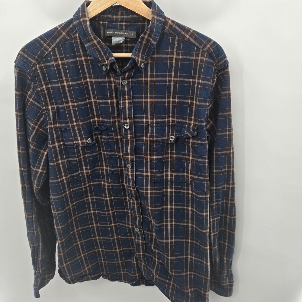 French Connection Blue Men's 100% Cotton Plaid Made in India Button Down Large
